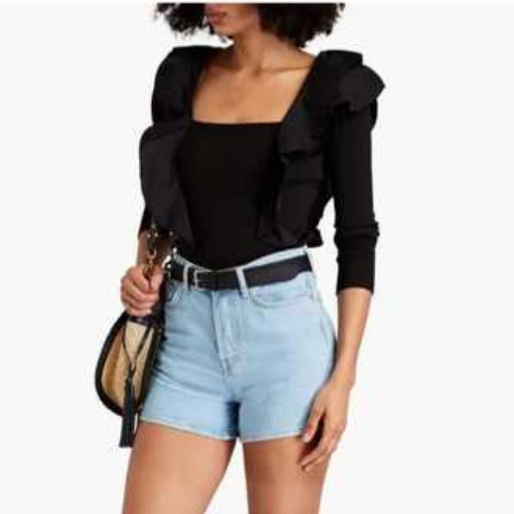 NWT$258 VERONICA BEARD Gidea Ruffle Shoulder Long Sleeve Stretch Knit Top XS